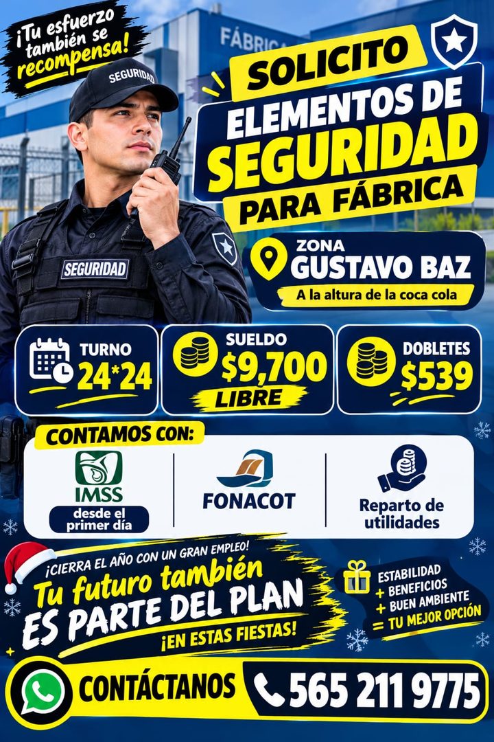 Banner del anuncio de la vacante: iTu esfuerzo · también se · recompensa! · SEGURIDAD · SEGURIDAD · FÁBRIO · SOLICITO · ELEMENTOS DE · SEGURIDAD · PARA FÁBRICA · ZONA · GUSTA