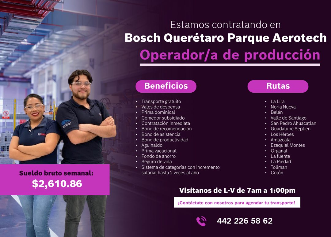 Banner del anuncio de la vacante: Sueldo bruto semanal: · $2,610.86 · Estamos contratando en · Bosch Querétaro Parque Aerotech · Operador/a de producción · Beneficios · Trans