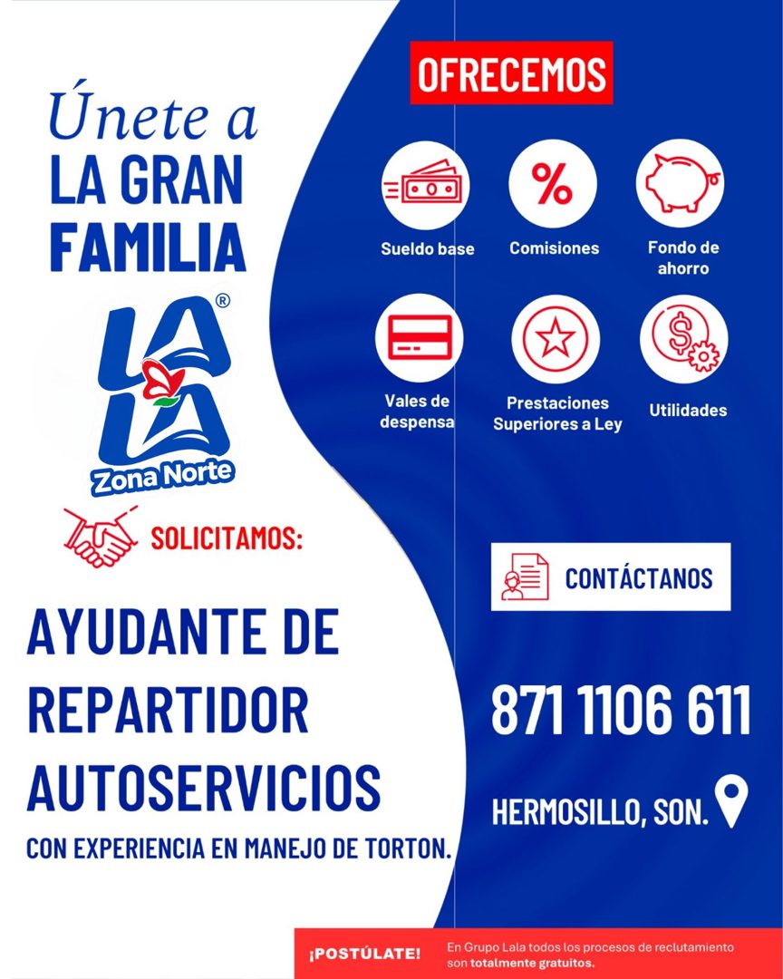 Banner del anuncio de la vacante: Únete a · LA GRAN · FAMILIA · LA · OFRECEMOS · % · Sueldo base · Comisiones · Fondo de · ahorro · - · Vales de · despensa · Prestaciones · S