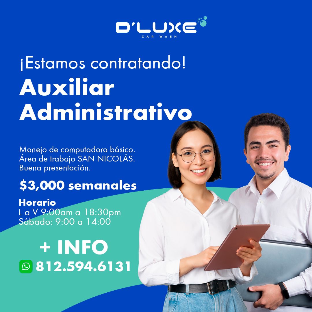 Banner del anuncio de la vacante: WASH · ¡Estamos contratando! · Auxiliar · Administrativo · Manejo de computadora básico. · Área de trabajo SAN NICOLÁS. · Buena presentación