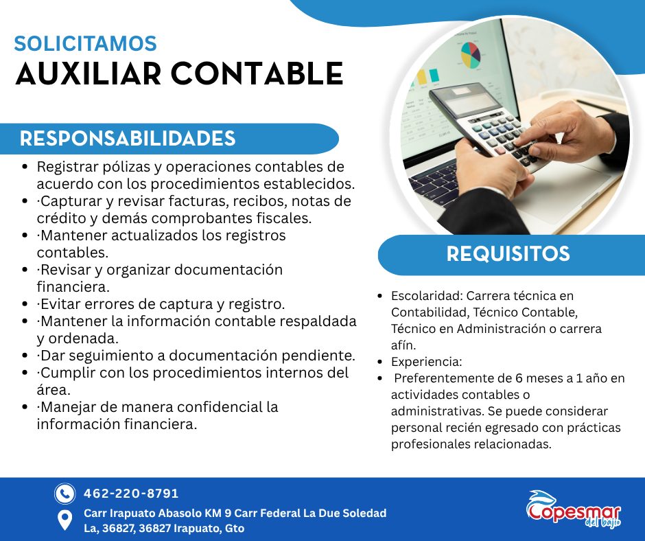 Banner del anuncio de la vacante: SOLICITAMOS · AUXILIAR CONTABLE · RESPONSABILIDADES · • Registrar pólizas y operaciones contables de · acuerdo con los procedimientos establ