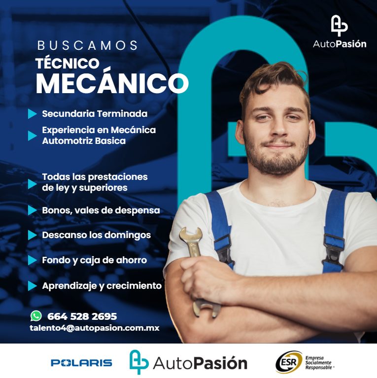 Banner del anuncio de la vacante: BUSCAMOS · TÉCNICO · MECÁNICO · Secundaria Terminada · Experiencia en Mecánica · Automotriz Basica · AutoPasión · Todas las prestaciones · d