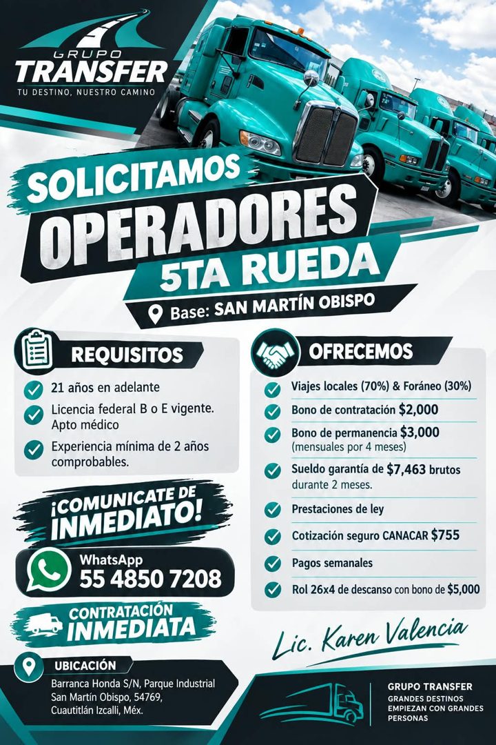 Banner del anuncio de la vacante: GRUPO · TRANSFER · TU DESTINO, NUESTRO CAMINO · SOLICITAMOS · OPERADORES · 5TA RUEDA · Base: SAN MARTÍN OBISPO · REQUISITOS · 21 años en ade