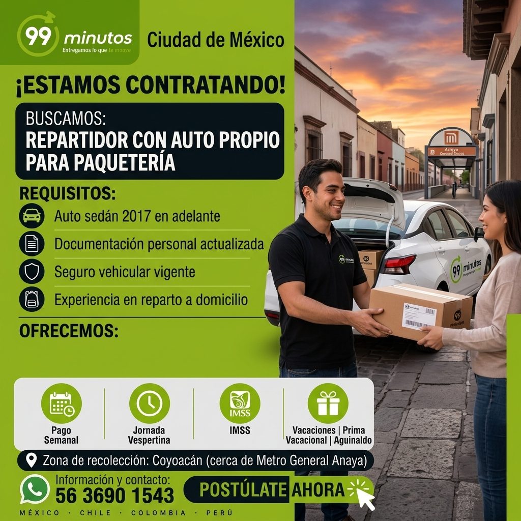 Banner del anuncio de la vacante: 99 · minutos · Entregamos lo que te mouve · Ciudad de México · ¡ESTAMOS CONTRATANDO! · BUSCAMOS: · REPARTIDOR CON AUTO PROPIO · PARA PAQUETE