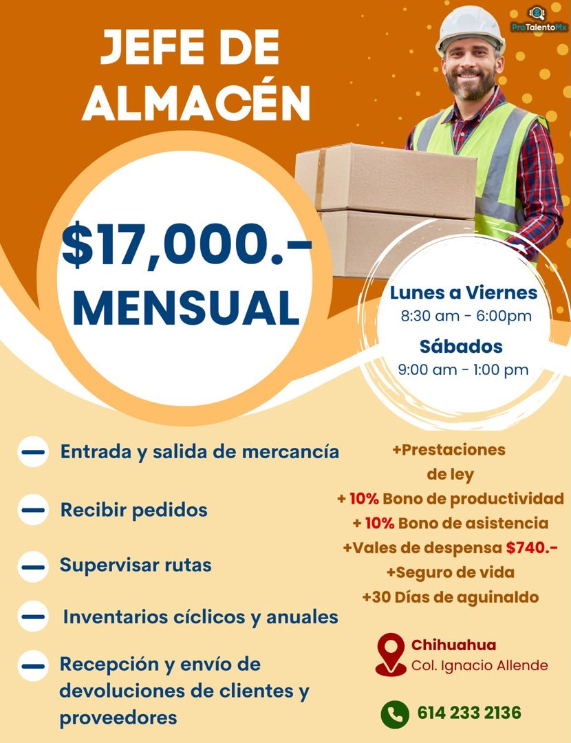 Banner del anuncio de la vacante: Pro TalentoMx · JEFE DE · ALMACÉN · $17,000.- · MENSUAL · Lunes a Viernes · 8:30 am - 6:00pm · Sábados · 9:00 am - 1:00 pm · - Entrada y sal