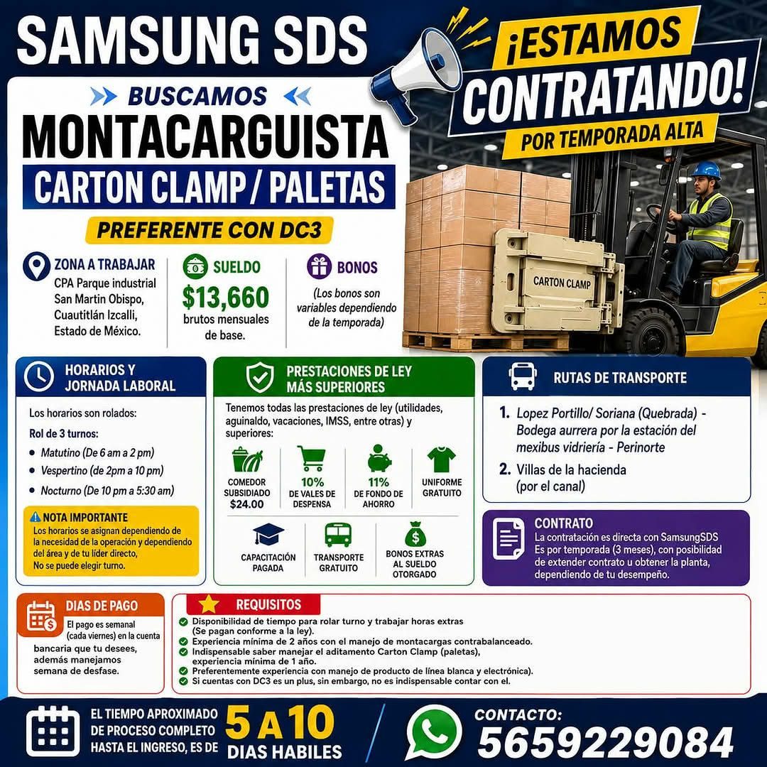 Banner del anuncio de la vacante: SAMSUNG SDS · › BUSCAMOS « · MONTACARGUISTA · CARTON CLAMP/ PALETAS · ¡ESTAMOS · CONTRATANDO! · POR TEMPORADA ALTA · PREFERENTE CON DC3 · ZO