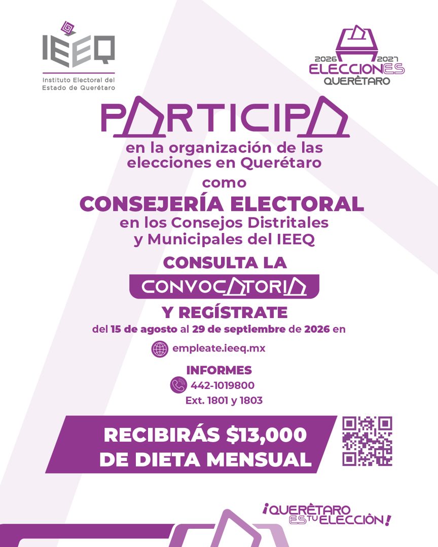 Banner del anuncio de la vacante: IGEO · 2026 · 2027 · ELECCIONES · Instituto Electoral del · QUERÉTARO · Estado de Querétaro · PARTICIPA · en la organización de las · elecci