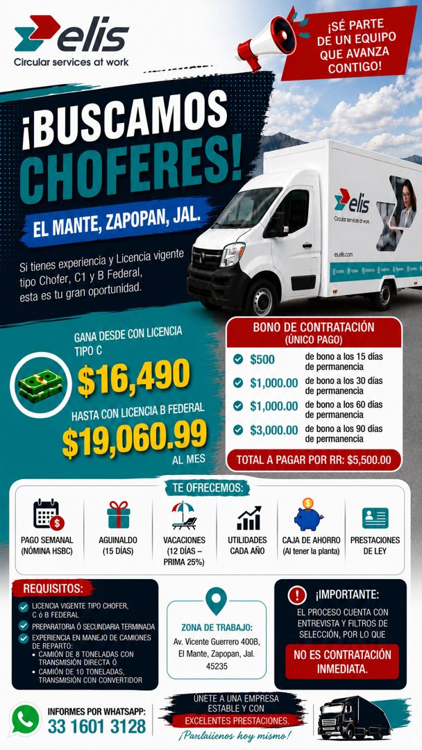 Banner del anuncio de la vacante: elis · Circular services at work · ¡BUSCAMOS · CHOFERES! · EL MANTE, ZAPOPAN, JAL. · Si tienes experiencia y Licencia vigente · tipo Chofer,
