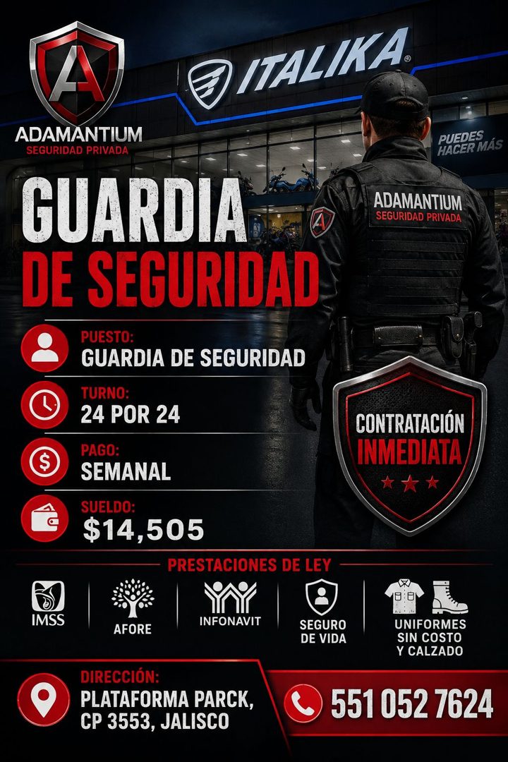 Banner del anuncio de la vacante: PITALIKA® · ADAMANTIUM · SEGURIDAD PRIVADA · GUARDIA · DE SEGURIDAD · PUESTO: · GUARDIA DE SEGURIDAD · TURNO: · 24 POR 24 · PAGO: · SEMANAL 
