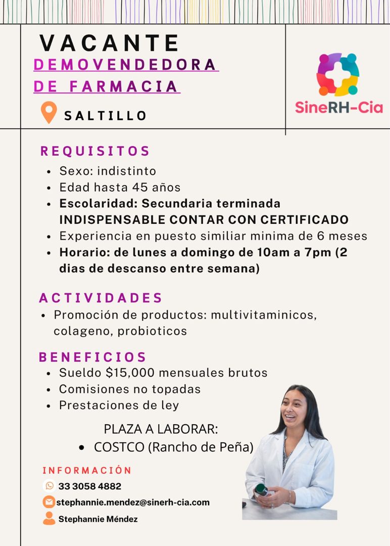 Banner del anuncio de la vacante: VACANTE · DEMOVENDEDORA · DE FARMACIA · SALTILLO · SineRH-Cia · REQUISITOS · • Sexo: indistinto · • Edad hasta 45 años · • Escolaridad: Secu