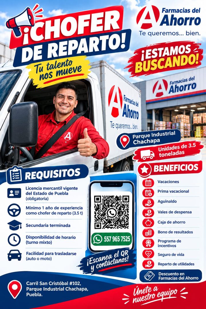 Banner del anuncio de la vacante: ICHOFER · Farmacias del · A Ahorro · DE REPARTO! · Te queremos... bien. · Tu talento · ¡ESTAMOS · nos mueve · BUSCANDO! · Farmacias del · Ah