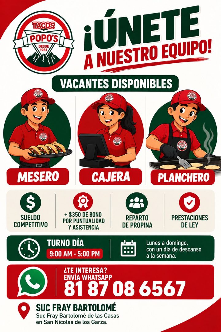 Banner del anuncio de la vacante: TACOS · POPO'S · DESDE · 1981 · ¡ÚNETE · A NUESTRO EQUIPO! · VACANTES DISPONIBLES · MESERO · CAJERA · PLANCHERO · SUELDO · COMPETITIVO · + $