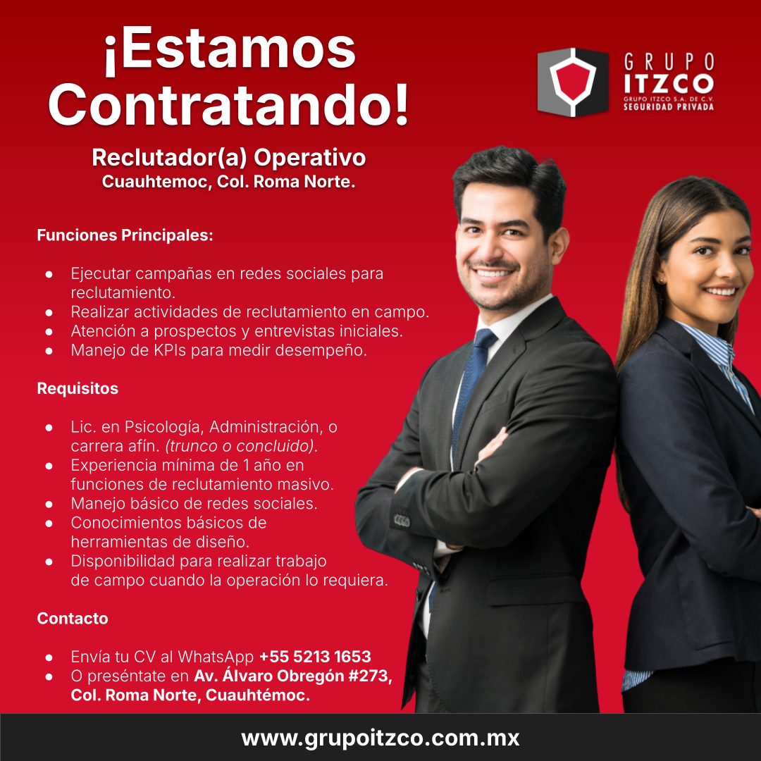 Banner del anuncio de la vacante: ¡Estamos · Contratando! · Reclutador(a) Operativo · Cuauhtemoc, Col. Roma Norte. · Funciones Principales: · • Ejecutar campañas en redes soc
