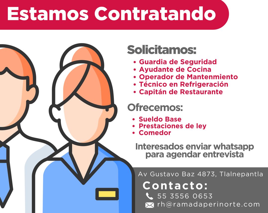 Banner del anuncio de la vacante: Estamos Contratando · Solicitamos: · • Guardia de Seguridad · • Ayudante de Cocina · • Operador de Mantenmiento · • Técnico en Refrigeración