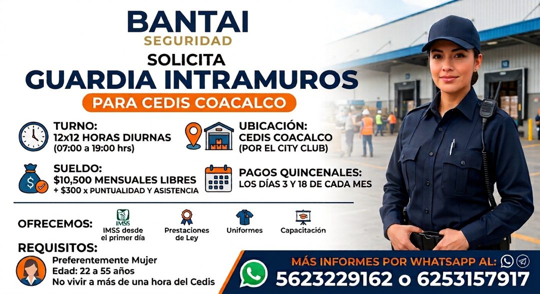 Banner del anuncio de la vacante: BANTAI · SEGURIDAD · SOLICITA · GUARDIA INTRAMUROS · PARA CEDIS COACALCO · TURNO: · 12x12 HORAS DIURNAS · (07:00 a 19:00 hrs) · UBICACIÓN: ·