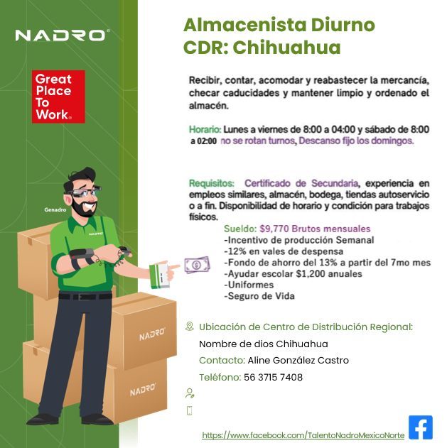 Banner del anuncio de la vacante: NADO · Great · Place · To · Work. · Genadro · NADRO · NADRO · Almacenista Diurno · CDR: Chihuahua · Recibir, contar, acomodar y reabastecer 