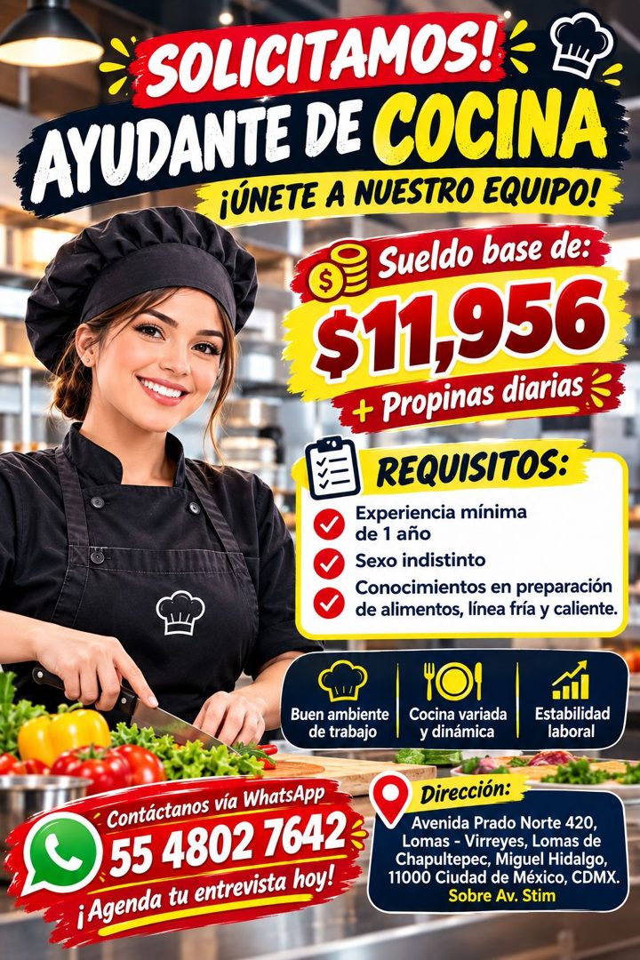 Banner del anuncio de la vacante: - SOLICITAMOS!* · AYUDANTE DE COCINA · ¡ÚNETE A NUESTRO EQUIPO! · Sueldo base de: · $11,956 · + Propinas diarias · REQUISITOS: · Experiencia
