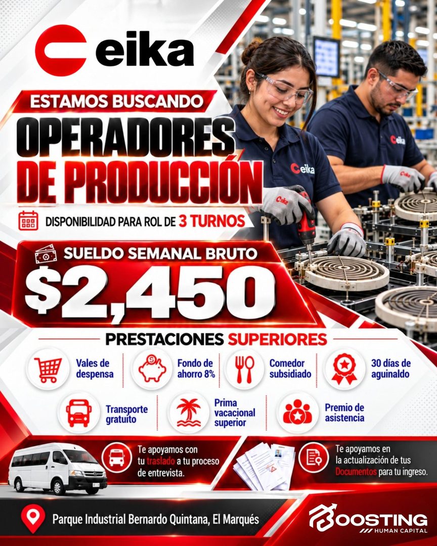 Banner del anuncio de la vacante: Ceika · ESTAMOS BUSCANDO · OPERADORES · DE PRODUCCIÓN · DISPONIBILIDAD PARA ROL DE 3 TURNOS · Ceika · SUELDO SEMANAL BRUTO · $2,4.50 · PREST