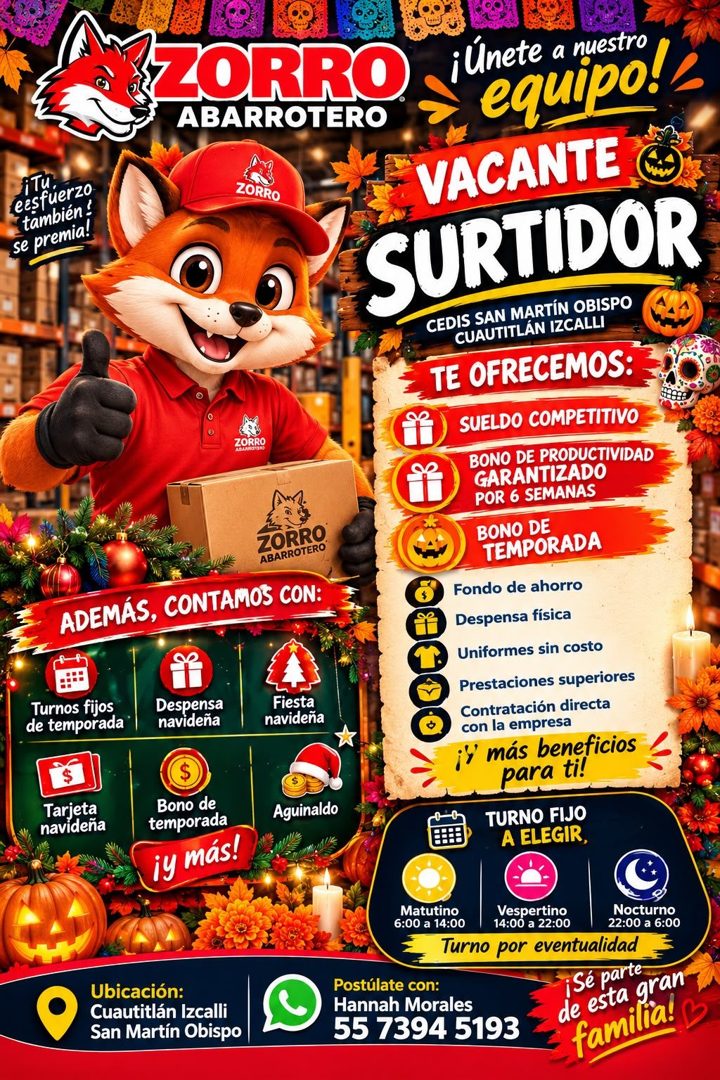 Banner del anuncio de la vacante: іти. · eesfuerzo · también ! · ZORRO · ABARROTERO · ZORRO · ZORRO · ZORRO® · ABARROTERO · ADEMÁS, CONTAMOS CON: · Turnos fijos · de temporad