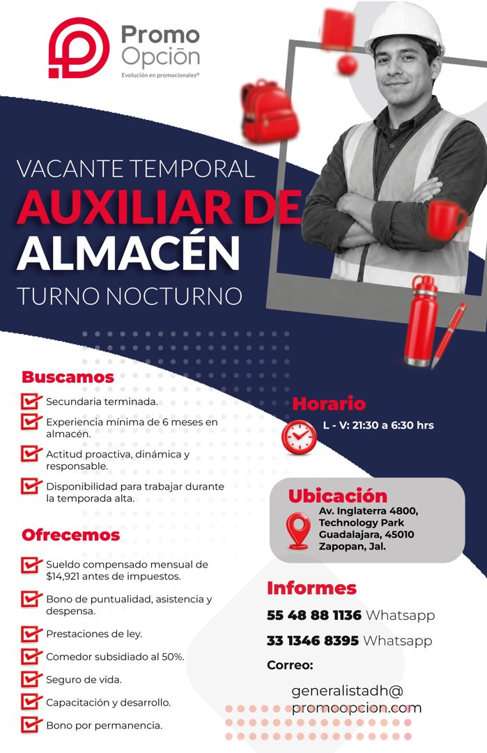 Banner del anuncio de la vacante: Promo · Opcion · Evolución en promocionales® · VACANTE TEMPORAL · AUXILIAR DE · ALMACÉN · TURNO NOCTURNO · Buscamos · Secundaria terminada. 