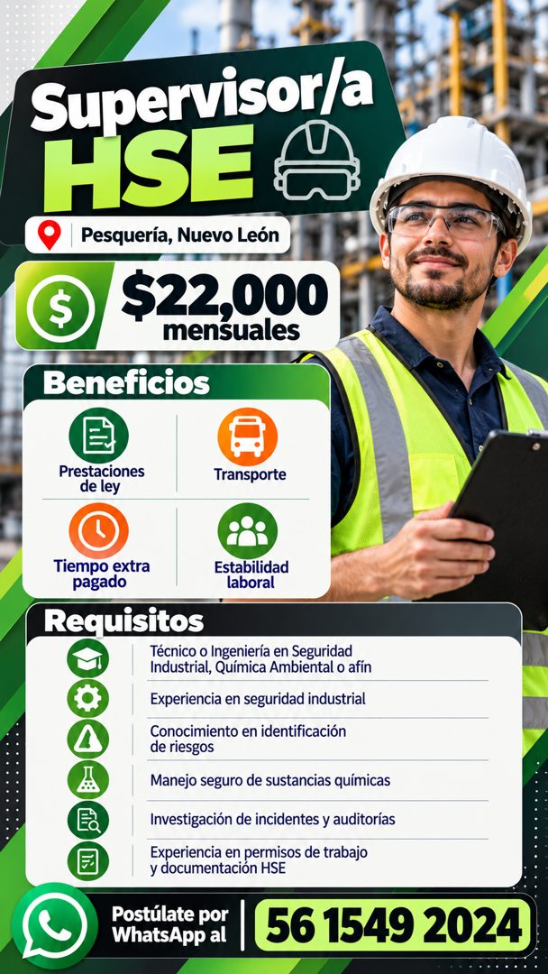 Banner del anuncio de la vacante: Supervisor/a · HSE · Pesquería, Nuevo León · $ · $22,000 · mensuales · Beneficios · Prestaciones · de ley · Transporte · Tiempo extra · paga