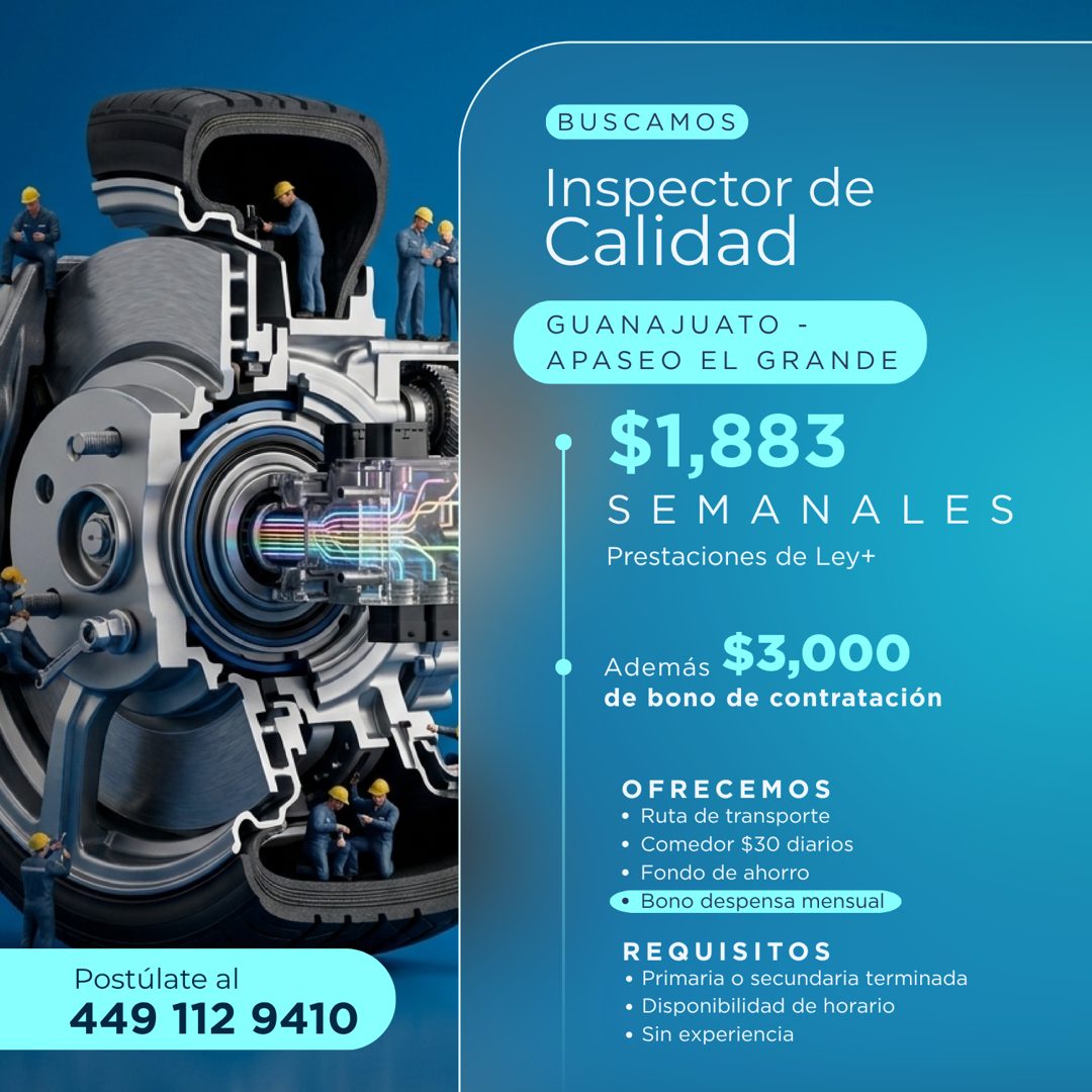 Banner del anuncio de la vacante: BUSCAMOS · Inspector de · Calidad · GUANAJUATO - · APASEO EL GRANDE · $1,883 · SEMANALES · Prestaciones de Ley+ · Además · $3,000 · de bono 