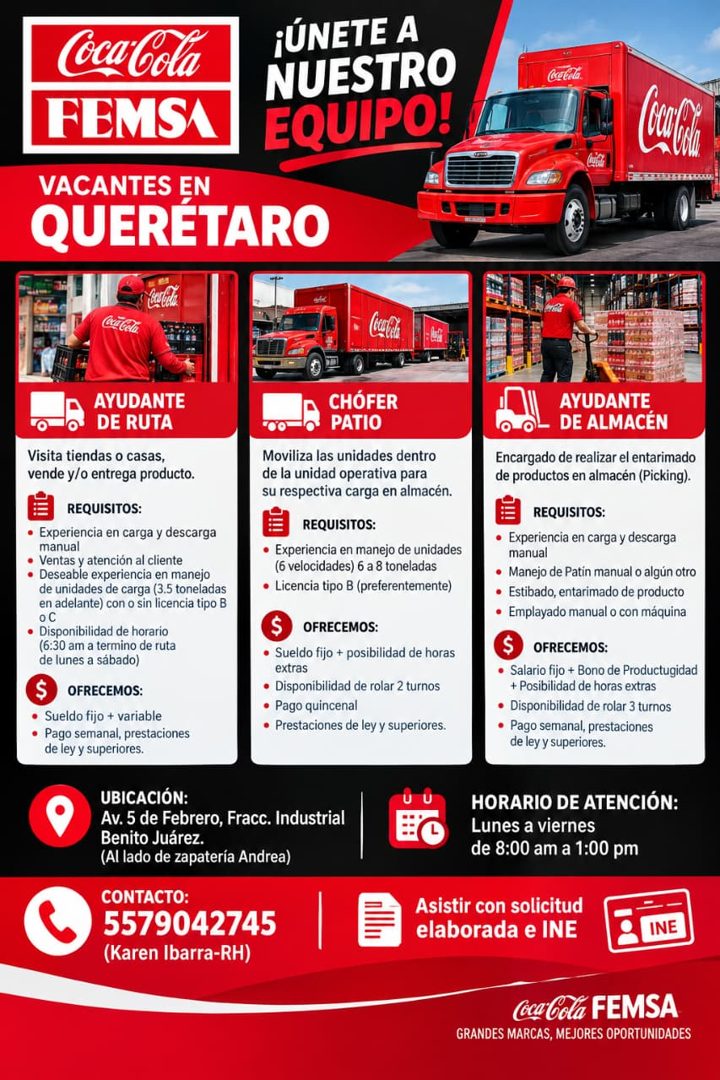 Banner del anuncio de la vacante: Coca-Cola · FEMSA · VACANTES EN · QUERETARO · ¡ÚNETE A · NUESTRO · EQUIPO! · Cartela · Cra Cela · AYUDANTE · DE RUTA · Visita tiendas o casa